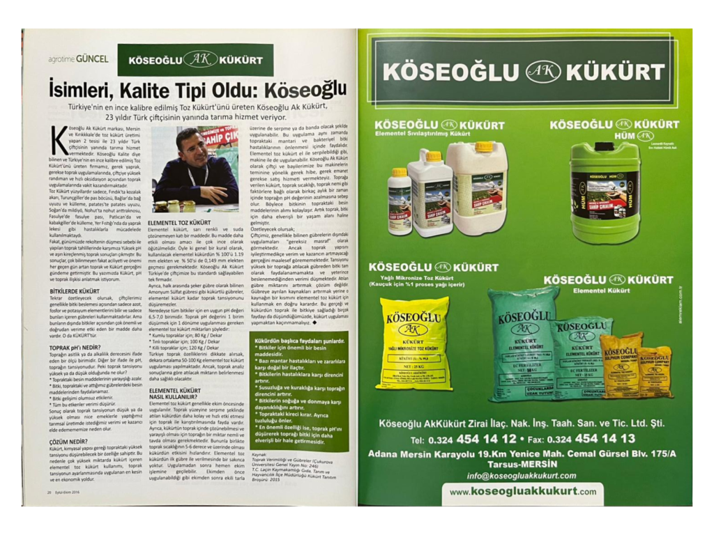 Agrotime dergisinde İsimleri Kalite Tipi Oldu Köseoğlu başlıklı haber ve tanıtım sayfaları