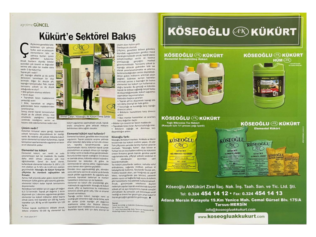 Agrotime dergisinde Kükürt’e Sektörel Bakış başlıklı içerik ve Köseoğlu Akkükürt tanıtım sayfası