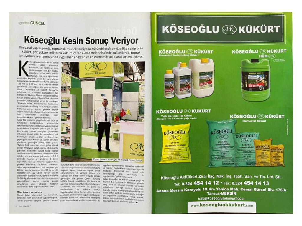 Agrotime dergisinde Köseoğlu Kesin Sonuç Veriyor başlıklı haber ve ürün tanıtım sayfaları