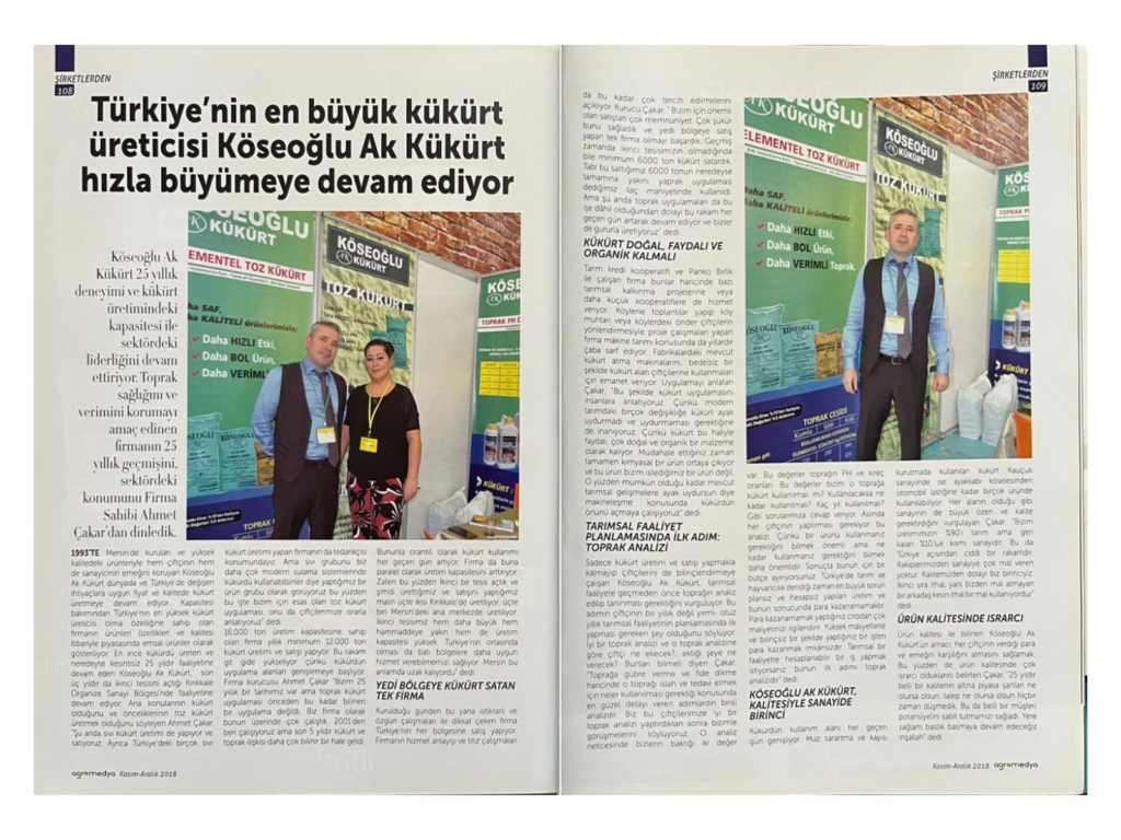 Agromedya yayınında Türkiye’nin en büyük kükürt üreticisi Köseoğlu Ak Kükürt başlıklı iki sayfalık haber